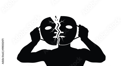 Symbolic vector graphic showing a fractured mask on a person's face signifying internal conflict