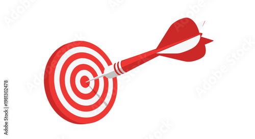 A vibrant red dart strikes the exact center of a classic red and white concentric target to demonstrate extreme precision within a clean white background environment.