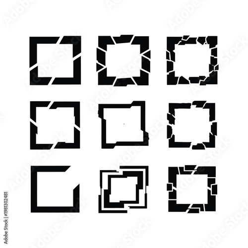 Abstract Broken Square Frame Set with Geometric Shattered Border Elements