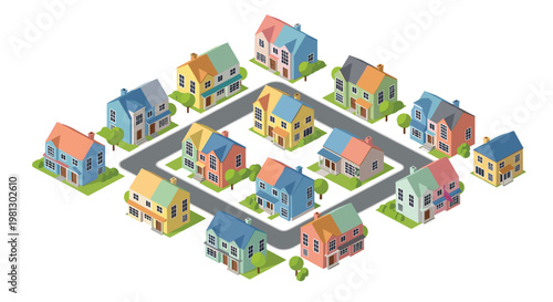 An isometric arrangement of colorful houses in shades of blue, yellow, and red is situated along a square-shaped asphalt road loop on a white background.