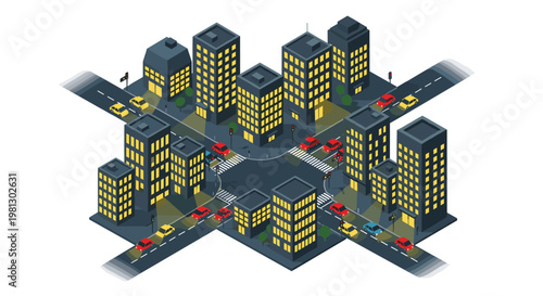 A detailed nighttime isometric city scene features dark grey buildings with yellow lit windows and red and yellow cars navigating a busy intersection.