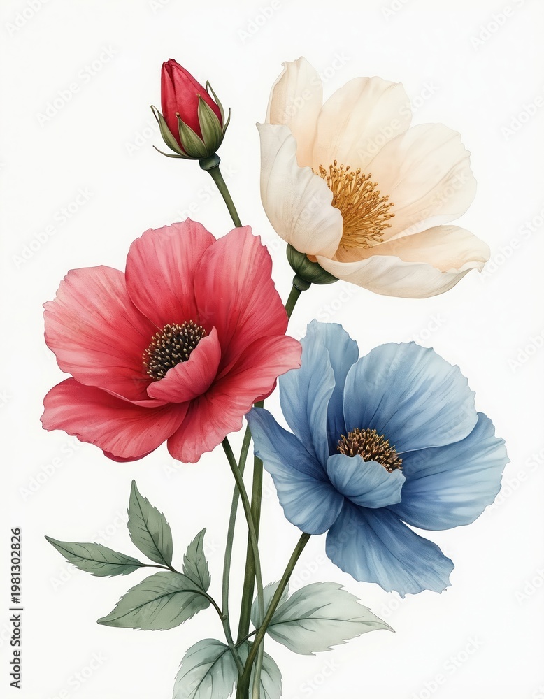 Fototapeta premium Three watercolor flowers red blue ivory with gold details and bud. Delicate petals and green leaves on white background. Elegant botanical art for design.