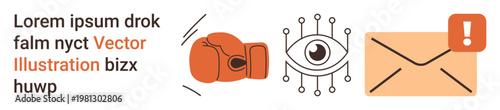 Cybersecurity, online privacy, data protection, digital threats, email security, and visual communication. Boxing glove, digital eye and envelope with alert icon. Cybersecurity and online privacy