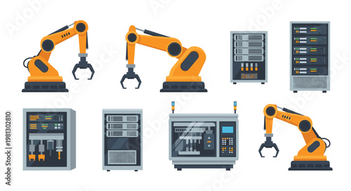 Multiple orange industrial robotic arms stand alongside sophisticated grey server racks and control units within a high-tech automated manufacturing facility.