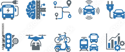 A collection of icons related to smart city transportation