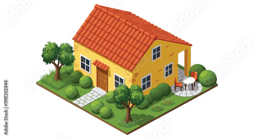 A cozy isometric yellow cottage with a terracotta tiled roof features a charming garden patio and lush green trees on a clean white background in summer.
