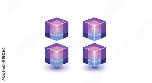 Four luminous purple and blue crystalline cubes float gracefully while casting intricate concentric circular shadows onto a clean white surface in a bright studio.