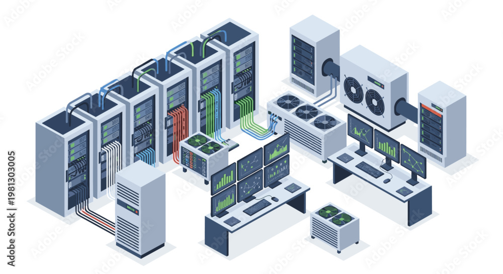 Fototapeta premium Meticulous isometric illustration of a modern data center facility featuring organized server racks and advanced cooling systems under bright clinical white lighting.