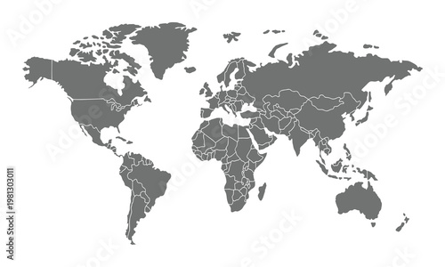 Charcoal Grey World Map Silhouette with Geographic Outlines on White for Global Data Visualization and Corporate Strategy