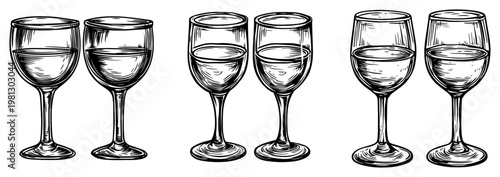 Vintage wine glasses set hand drawn engraving style for restaurant menu or vineyard label