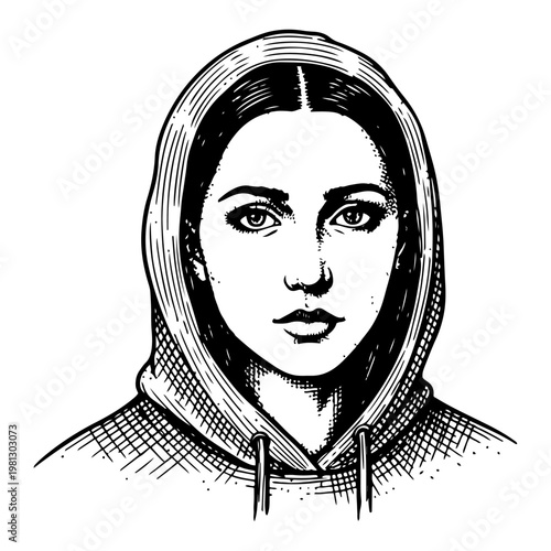 Young woman in hoodie portrait hand drawn engraving style vector illustration for urban street wear