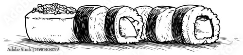 Sushi rolls and maki set japanese food hand drawn engraving style for restaurant menu or delivery