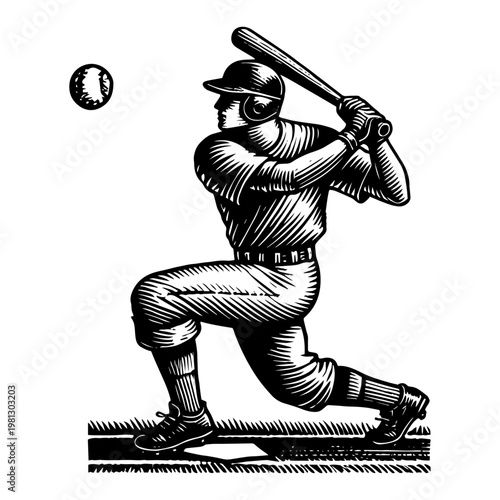 Baseball player hitter swinging bat to hit ball woodcut engraving style vector illustration