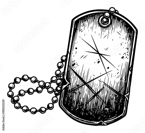 Military dog tag with chain on textured surface hand drawn engraving style vector illustration