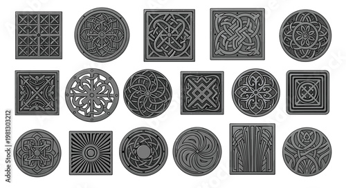 A diverse collection of dark gray metal grates features intricate celtic knotwork and complex geometric patterns arranged in neat rows against a white backdrop.