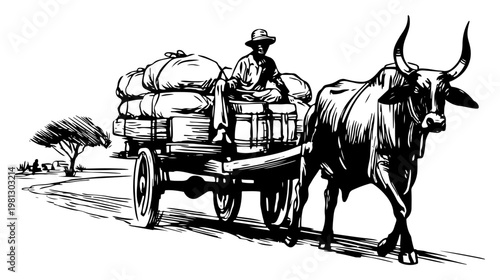 Traditional bullock cart with ox and farmer carrying goods on road hand drawn engraving style