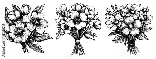 Floral bouquets set hand drawn engraving style flower arrangements for wedding or greeting cards