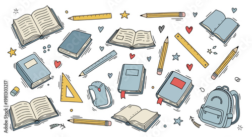 School supplies and books illustration.