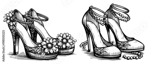 Elegant high heel shoes with floral decorations and pearls hand drawn engraving style fashion