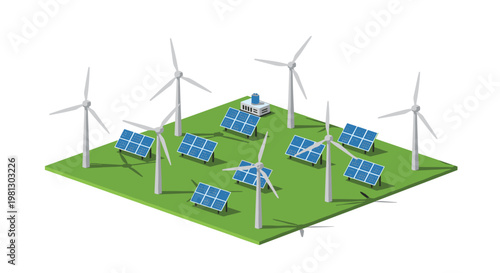 A vibrant isometric scene features multiple white wind turbines and blue solar panel arrays distributed across a lush green square field for sustainable energy production.
