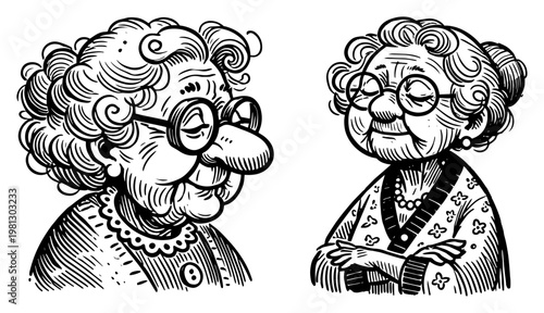 Cute elderly women grandmothers characters set hand drawn engraving style for family design