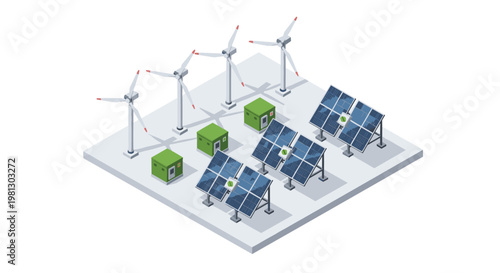 A meticulous isometric illustration depicts a modern renewable energy facility featuring tall white wind turbines and blue solar panel arrays on a gray industrial platform.