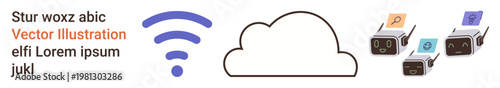 Cloud computing, wireless networks, internet of things, remote connectivity, digital systems, data sharing. wireless signal, cloud icon devices with data flow symbols. Cloud computing and wireless