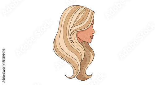 A side profile view of a sophisticated woman with long multi-toned blonde hair features clean black outlines and a neutral expression against a white background.