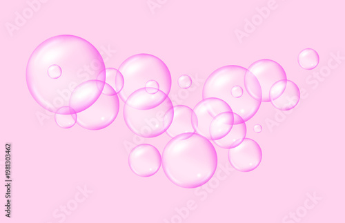 Pink fizzing bubbles with sparkling air and water texture on white background.