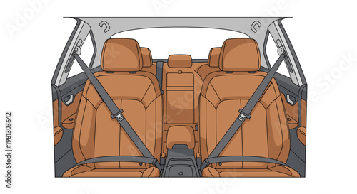 A detailed illustration shows the interior of a modern car from the back seat perspective featuring tan leather upholstery and dark grey seatbelts.
