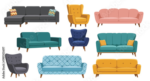 A collection of colorful and uniquely styled sofas and armchairs displayed on a plain white background