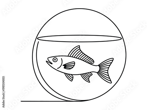 Line drawing of a fish swimming inside a round aquarium or fishbowl with water level  simple illustration