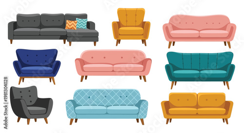 A collection of colorful modern sofas and armchairs arranged in a grid showcasing various styles