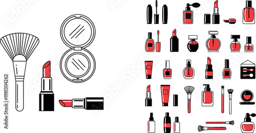Cosmetic and Beauty Icon Set Featuring Red Lipstick, Perfume Bottles, Makeup Brushes, and Personal Care Products for Fashion and Beauty Illustrations