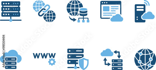 A collection of blue and white icons depicting various aspects of web hosting