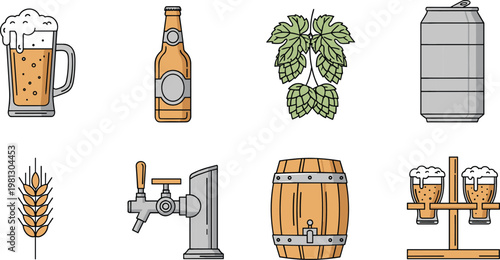 Beer brewing elements vector set with mug bottle hops barley keg and tap equipment illustration collection design