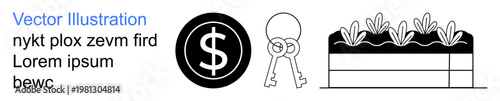 Financial planning, security, gardening, farming, investment, sustainability. A dollar sign, a key symbol and a garden bed with plants. Finance and security ideas conceptualized visually