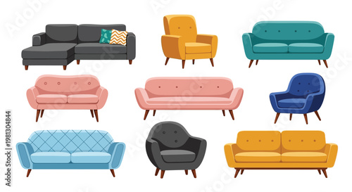 A collection of colorful modern sofas and armchairs arranged in a grid like composition