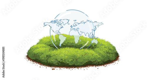 A translucent glass globe featuring a delicate world map outline rests peacefully on a vibrant green mossy mound of earth against a white background.