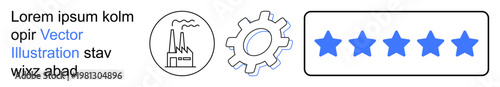 Industrial development, manufacturing process, quality assurance, customer feedback, engineering design, rating systems. Icon of a factory, gear and blue stars. Industrial development and quality