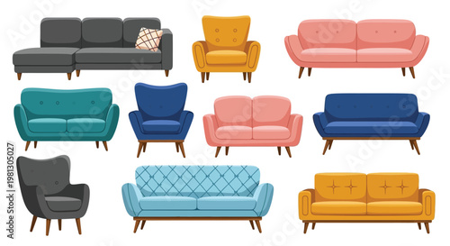 A colorful collection of modern sofas and armchairs arranged in a visually appealing display