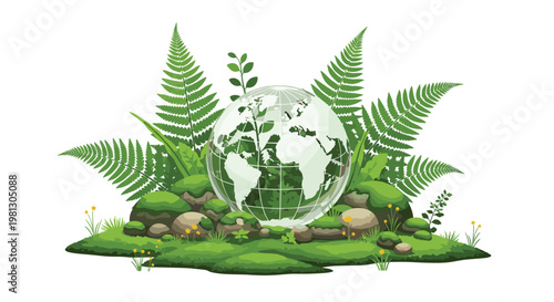 A transparent glass world globe is nestled among lush green ferns and moss-covered stones with tiny yellow flowers creating a miniature forest floor scene.