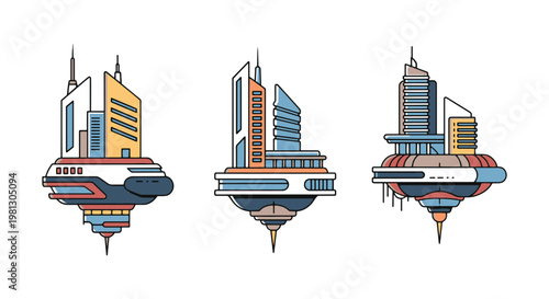 Futuristic Airborne Buildings clean abstract simple shapes