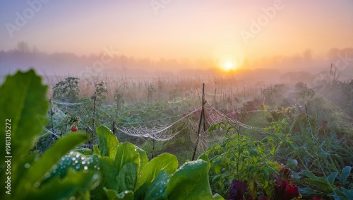 Wide shot of a vegetable garden at sunrise with heavy morning mist featuring spider webs covered in dew drops on plants under soft golden backlighting