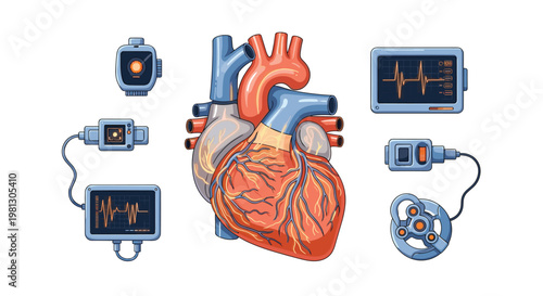 A meticulously detailed anatomical human heart is displayed alongside several blue digital medical monitors showing heart rate waveforms and data.