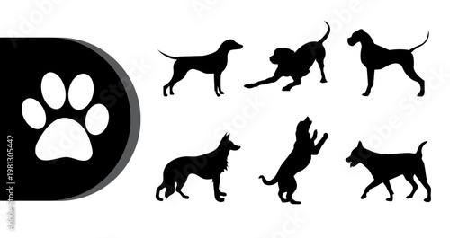 A black and white illustration of dog silhouettes and a paw print on a clean background