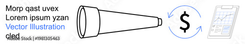 Financial planning, investment strategies, economic growth, business analysis, market trends, ROI. Telescope pointing to a dollar sign and a graph chart. Financial planning and investment strategies