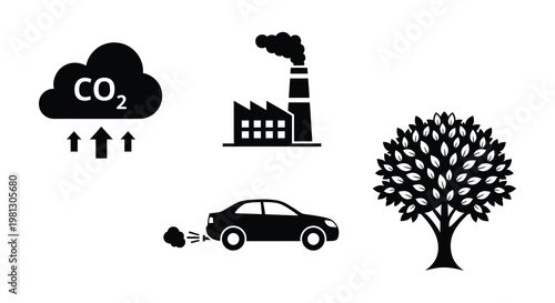 Environmental impact icons depicting pollution and nature a black silhouette