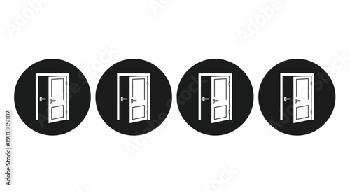 A series of four identical open doors are displayed within black circular frames