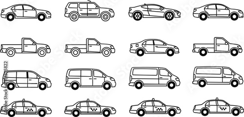 Car and vehicle outline icons vector set with sedan taxi van pickup and transport symbols illustration collection